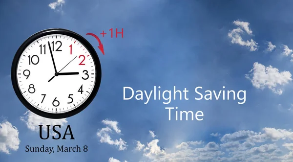 Daylight Saving Time (DST). Blue sky with white clouds and clock. Turn time forward (+1h).