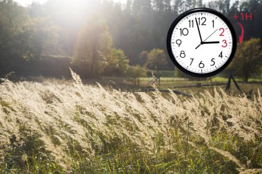 Daylight Saving Time (DST). Blue sky with white clouds and clock. Turn time forward (+1h).