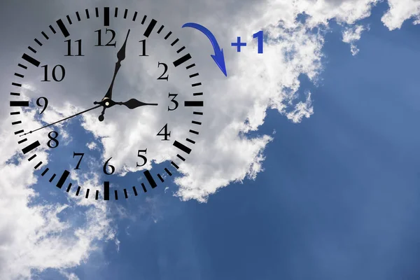 Sommerzeit (dst). blauer Himmel mit weißen Wolken und Uhr. Umdrehungszeit vorwärts (+ 1h). — Stockfoto
