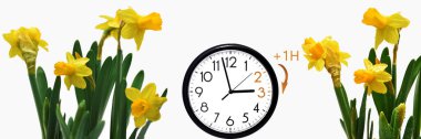 Daylight Saving Time (DST). Blue sky with white clouds and clock. Turn time forward (+1h).