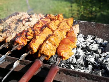 Barbekü ızgara üzerinde ızgara shashlik. Güneşli yaz günü.