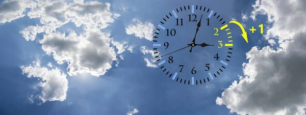 Hora Verão Horário Verão Céu Azul Com Nuvens Brancas Relógio — Fotografia de Stock