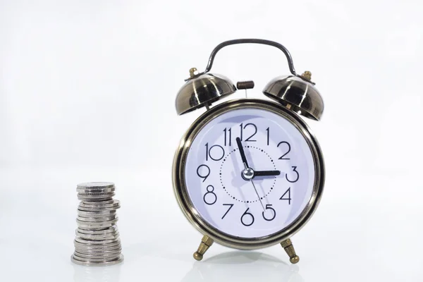 Time Money Concept Alarm Clock Coins — Stockfoto