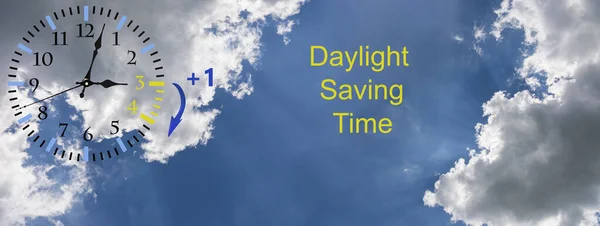 Daylight Saving Time Dst Blue Sky White Clouds Clock Turn — Stok fotoğraf