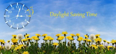 Summer Daylight Saving Time (DST). Blue sky with yellow dandelions. Turn time forward (+1h). clipart