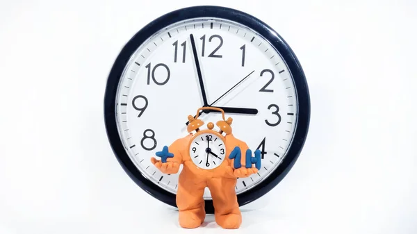 Funny Clockman Made Play Clay Isolated White Background Daylight Saving — Stock Photo, Image