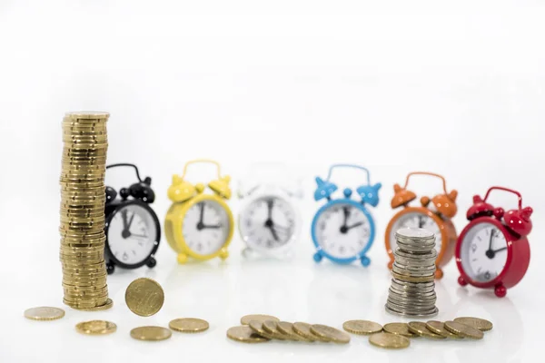 Time Money Concept Alarm Clock Coins — Stockfoto