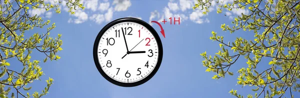 Daylight Saving Time Dst Blue Sky White Clouds Clock Turn — Stock Photo, Image