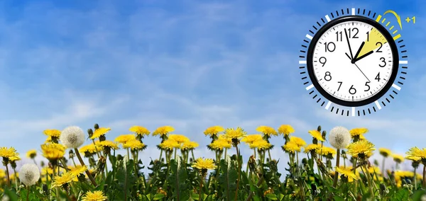 Daylight Saving Time Dst Ρολόι Τοίχου Στο Τοπίο Της Άνοιξης — Φωτογραφία Αρχείου