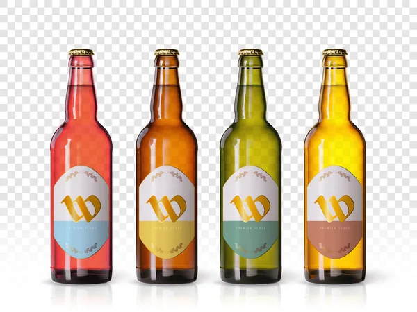 Buğday birası reklamları, arka planda çekici bira ve malzeme içeren gerçekçi vektör bira şişesi. Arka planda buğday ve şerbetçiotlu şişe bira markası konsepti. Şişeler.
