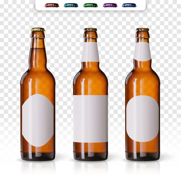 Veteöl annonser, realistiska vektor öl flaska med attraktiv öl och ingredienser på bakgrunden. Flaska öl varumärke koncept på bakgrunder, med olika modeller och mössor. Förpackning flaskor — Stock vektor