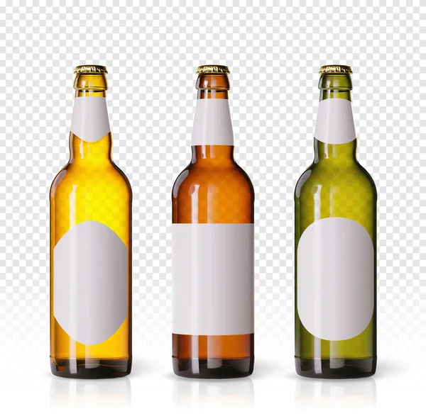 밀 맥주 광고, 매력적 인 맥주와 배경 재료가 담긴 현실적 인 벡터 맥주 병. 병 맥주 브랜드의 개념은 배경에 따라 다른 모조품 과 모자를 가지고 있습니다. 병 세트 — 스톡 벡터