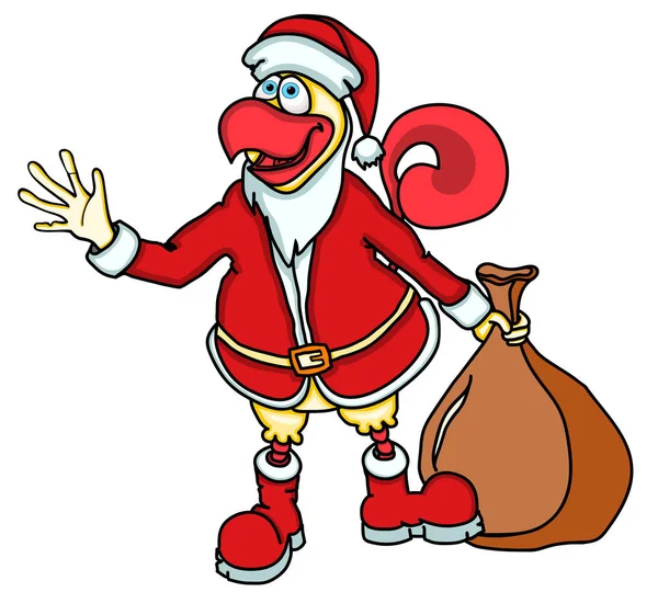 Komik karikatür horoz, beyaz bir arka plan üzerinde izole yılbaşı 2017 Çin takvimine bir çanta hediye Noel Baba şeklinde sembolü.