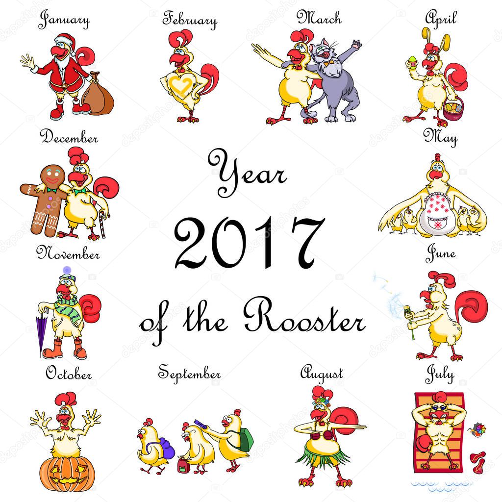 Imágenes: calendario con cada mes | Conjunto de gallo de dibujos