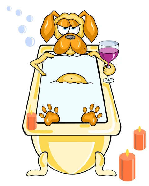Cartoon divertente cane prende un bagno a lume di candela e un bicchiere di vino . — Vettoriale Stock