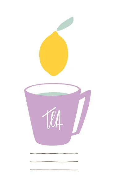 Elle çizilmiş fincan çay ve limon — Stok Vektör