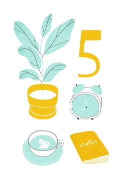 Bitki pot, fincan kahve, defter ve çalar saat