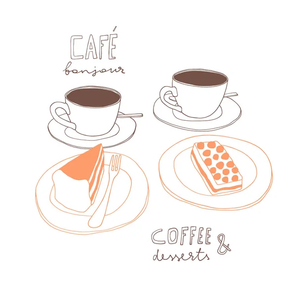 Набор для рисования кофе и пирожных — стоковый вектор