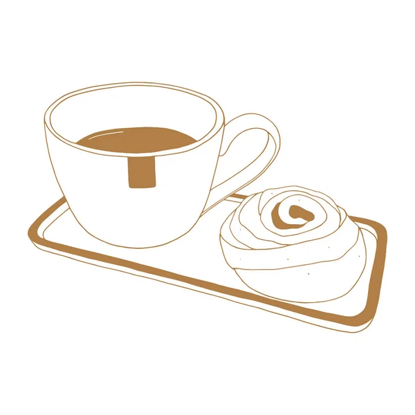 Taza de té y chocolate roll bun vector línea de arte sobre el fondo blanco — Vector de stock