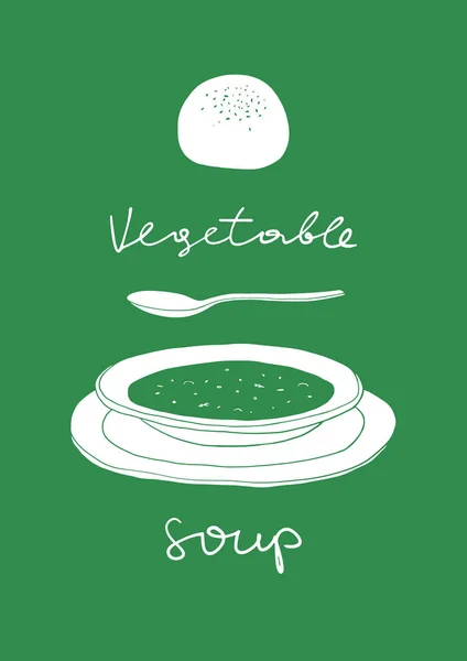 Tigela de sopa de legumes, colher e pão —  Vetores de Stock