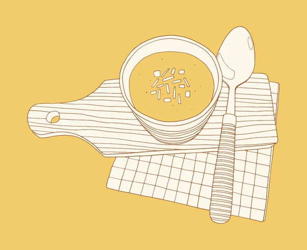 スプーンと紙ナプキンとまな板の上のスープのカップ — ストックベクタ