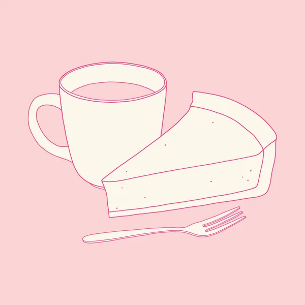 Taza de té o café, trozo de pastel de queso y tenedor — Vector de stock