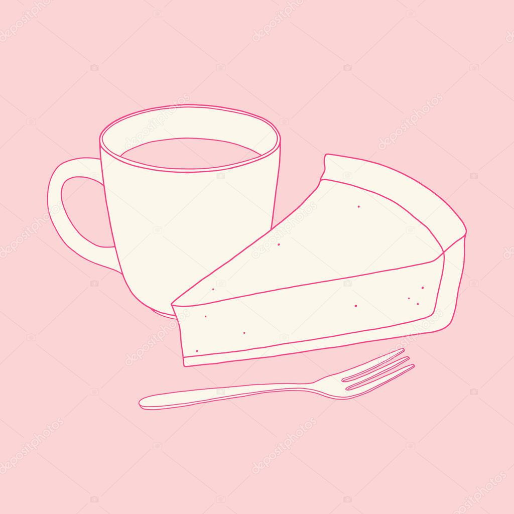 Cup of tea or coffee, piece of cheesecake and fork