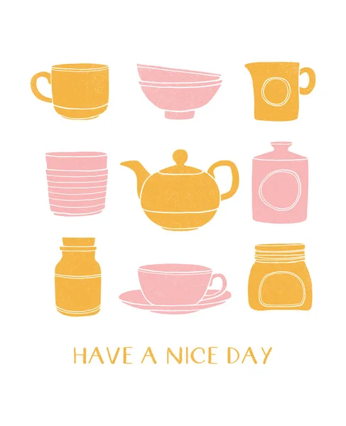 Ручной набор чашки, чайники, миски, банки на белом фоне — стоковое фото