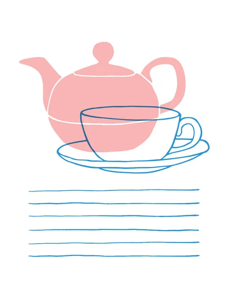 Мультяшна рука намальована чайник і чашка з тарілкою — стокове фото