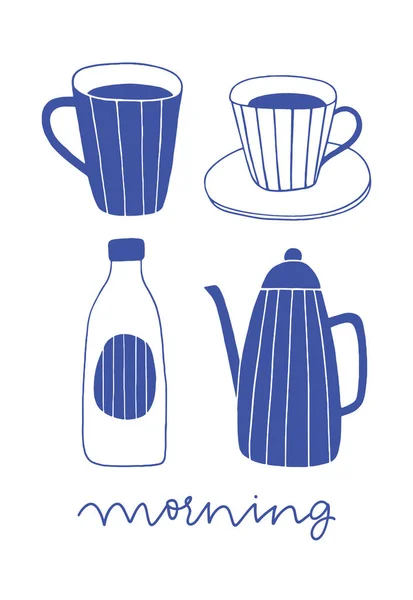 Conjunto de tazas, tetera y botella de leche — Vector de stock