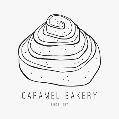 Tatlı rulo çörek. Çizilmiş fırın logosu el