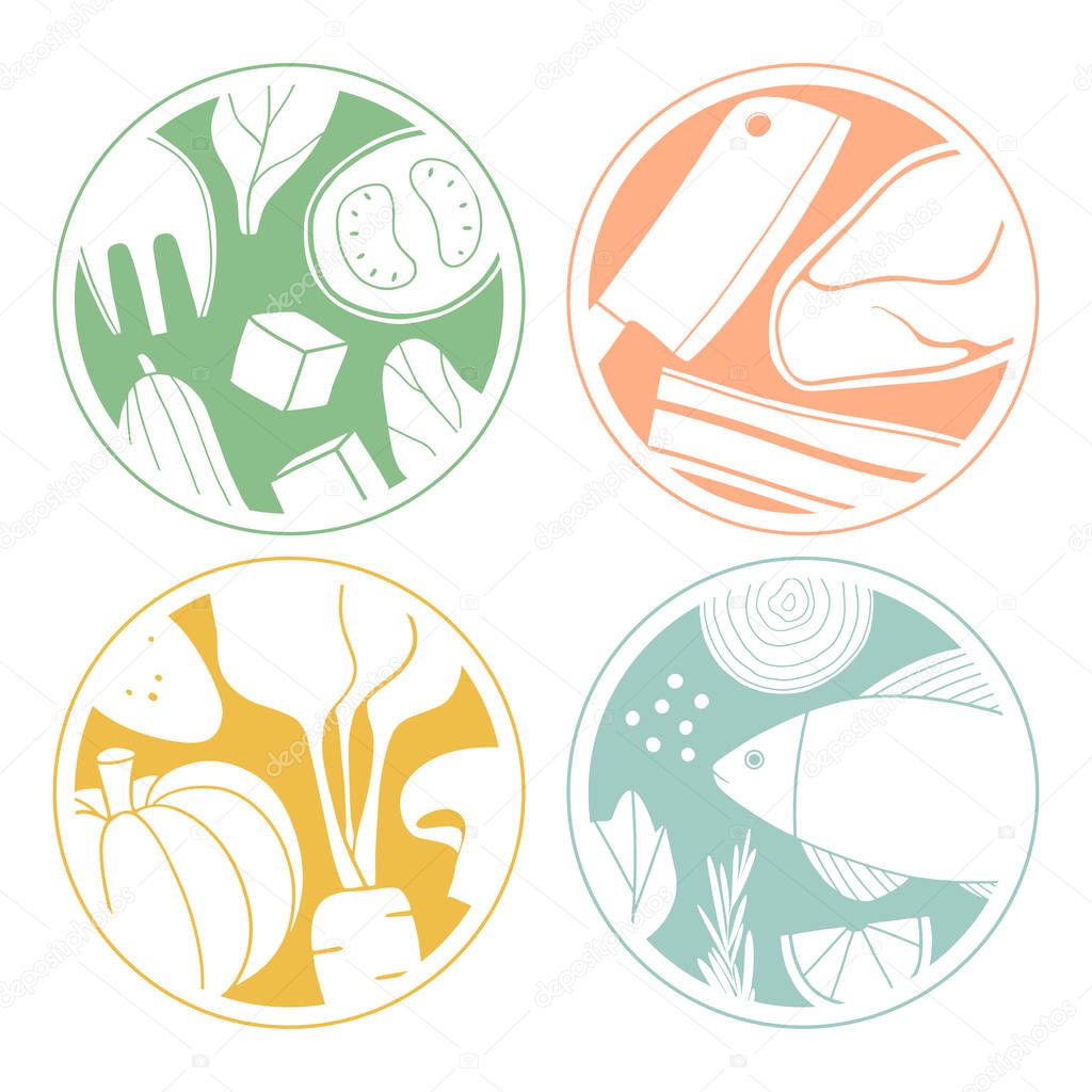 Set of cartoon food badges. Round stylized cooking illustrations. Salad, soup, meat and fish stickers