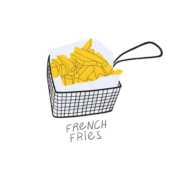 French fries steel basket. Hand drawn illustration on the white background