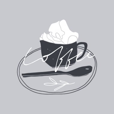 Doodle cup of coffee with whipped cream. Hand drawn stylized illustration with hand lettering  clipart