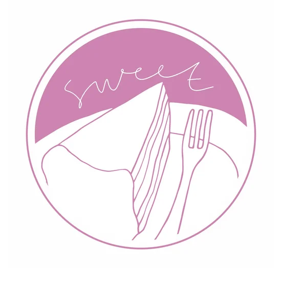 Pièce Gâteau Sur Illustration Ronde Assiette Badge Dessert Dessiné Main — Image vectorielle