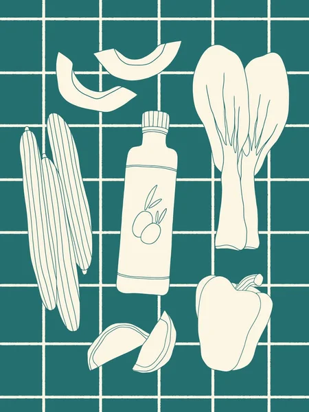Salade Dessinée Main Ingrédients Mis Sur Fond Carré Illustration Alimentaire — Image vectorielle