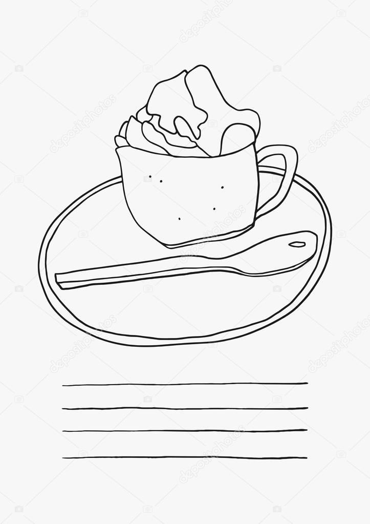 Doodle cup of coffee with whipped cream on the white background. Hand drawn cafe logo