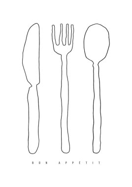 Elle çizilmiş doodle çatal bıçak takımı dağılımı. Çatal, kaşık ve bıçak satır resmi beyaz zemin üzerine 
