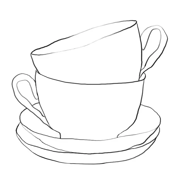 Stack Cups Contour Ink Drawing White Background — Stock Photo, Image