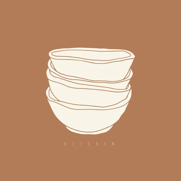 Doodle Stack Bowls Hand Drawn Kitchen Illustration Cafe Logo Design — Stock Vector