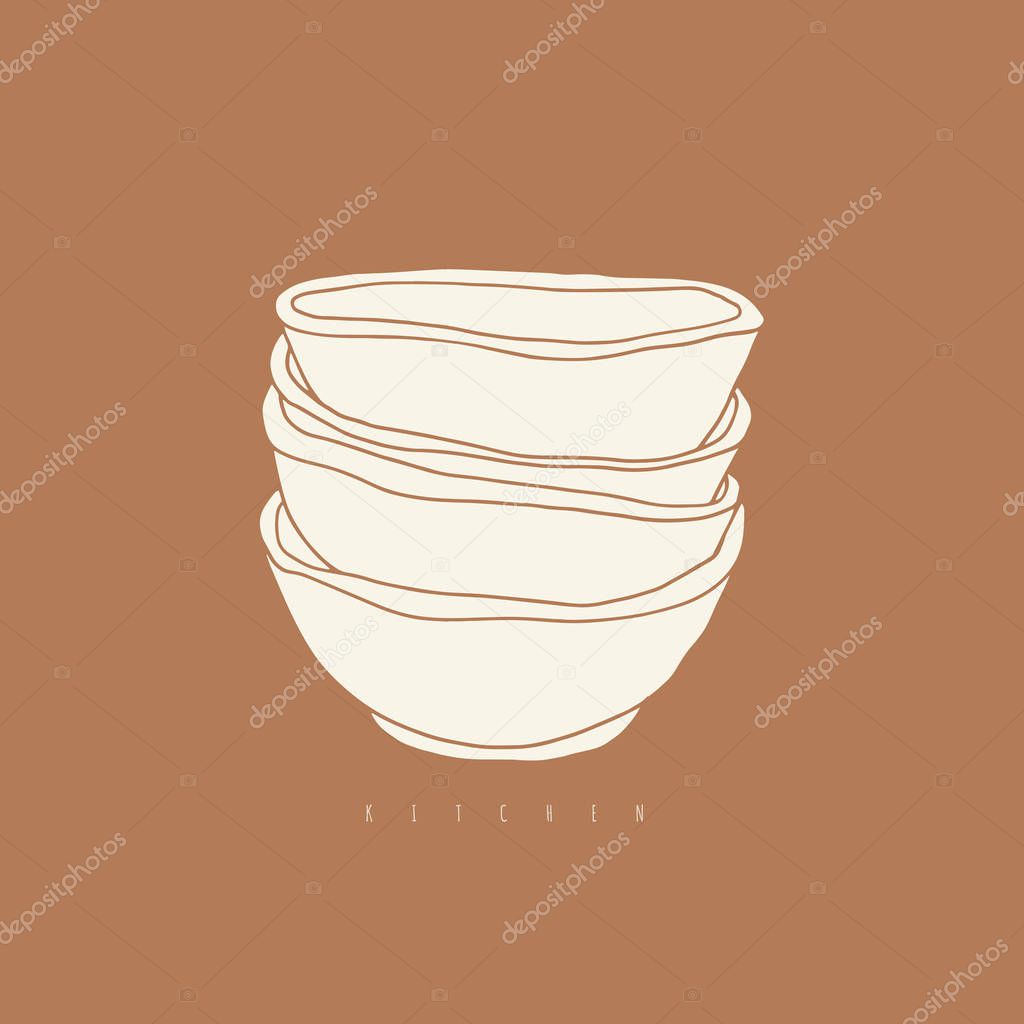 Doodle stack of bowls. Hand drawn kitchen illustration. Cafe logo design