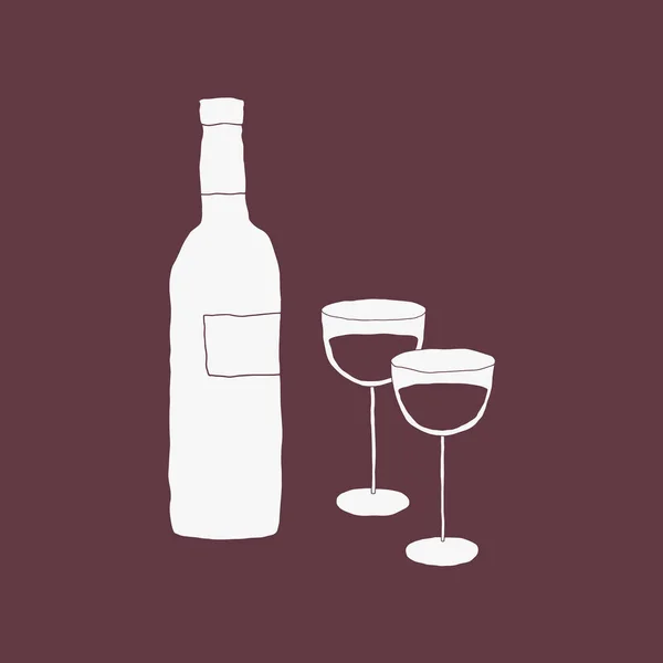 Botella Vino Par Copas Vino Ilustración Vectorial Bebida Simple Dibujado — Vector de stock