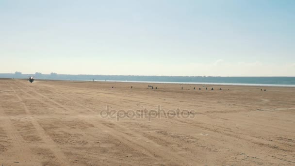 Байкер ездит на мотоцикле руки свободно на песчаном пляже через пустыню . — стоковое видео