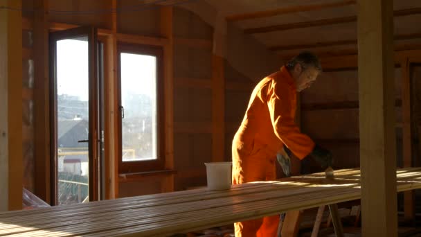 Le peintre charpentier traite le matériau en bois pour le plancher . — Video