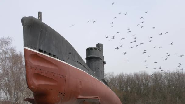 Altes rostiges U-Boot und Vogelschar fliegen über die Brücke. — Stockvideo