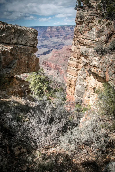 rocky crevice among the mountains of America under a blue sky covered with plants