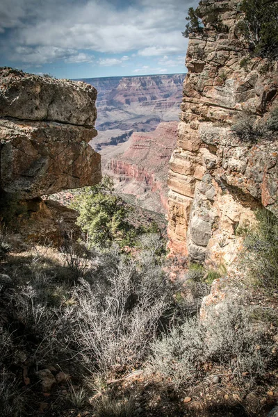 rocky crevice among the mountains of America under a blue sky covered with plants