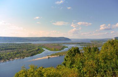 Panoramic view from the hill on the the Volga river near Samara city at summer clipart