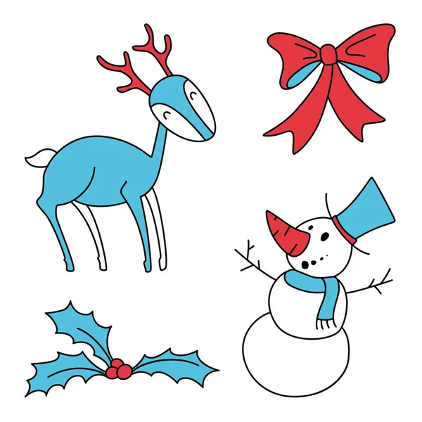 Christmas set holly berries, snowman, bow, deer — Stock Vector