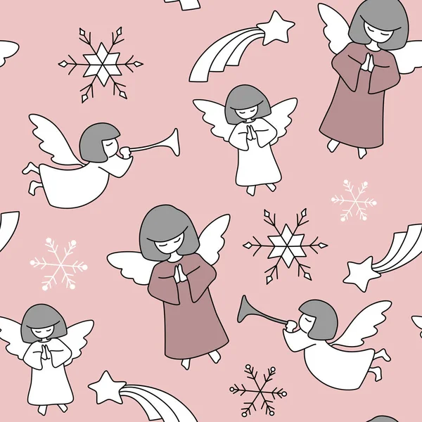 Modèle de Noël. Anges, étoiles et flocons de neige — Image vectorielle